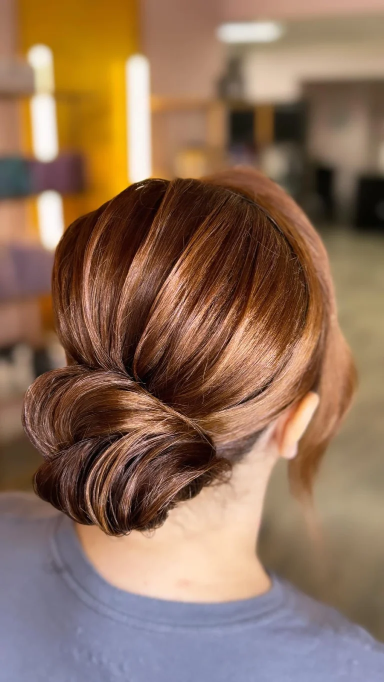 Sleek chestnut brown bridal bun styled in a classic low twist with smooth shine.