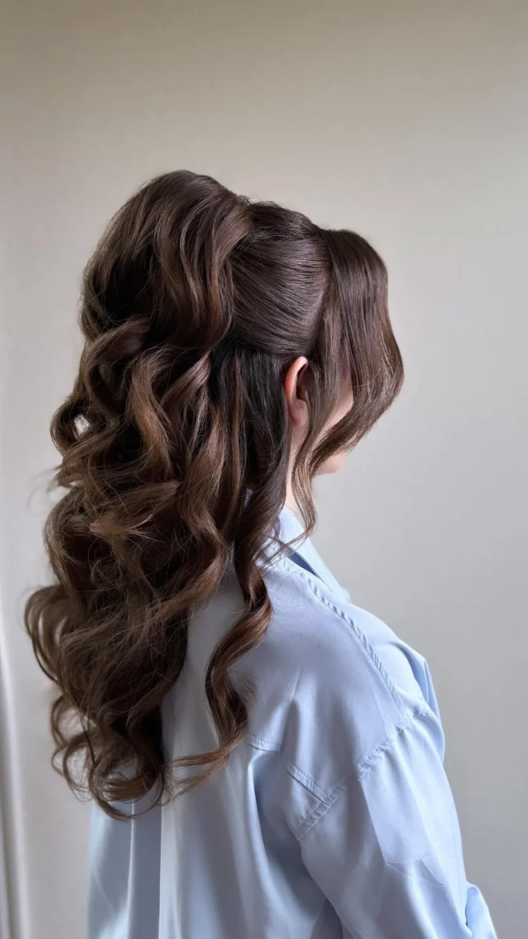 Elegant half-up bridal hairstyle with voluminous brown curls and soft front framing strands.