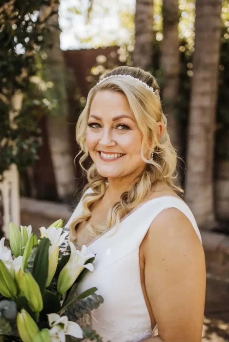 Bride with elegant soft curled hairstyle and white floral bouquet, smiling on her wedding day