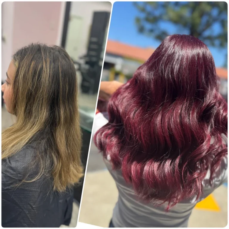 Before and after image showing a hair color transformation from faded blonde to rich burgundy waves reflecting Dettycated color mastery and shine.