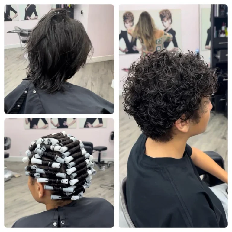 Three stage collage showing the perm process from wet straight hair through roller wrapping to final bouncy curls performed at Dettycated salon.