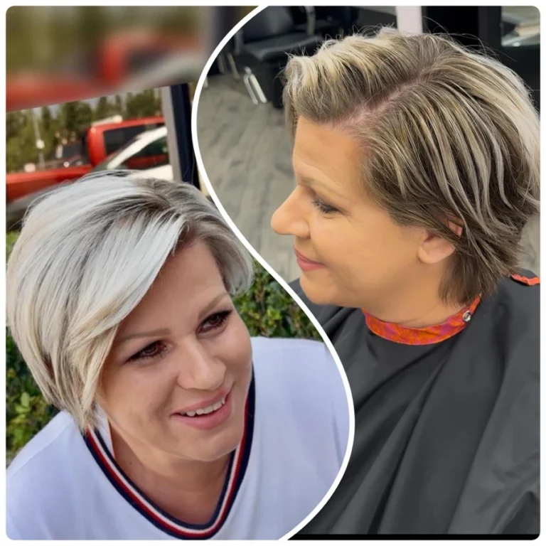 Before and after image of a woman with short highlighted hair showing a soft transformation into a polished blond pixie bob style done at Dettycated salon.