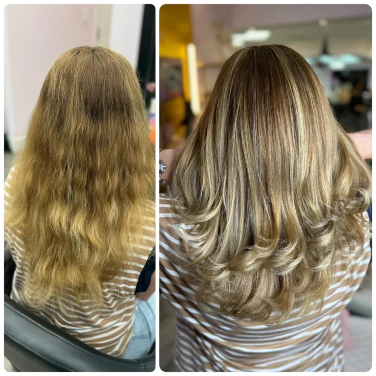 Before and after image showing a hair makeover from dull waves to glossy golden blonde layers with smooth bouncy styling created at Dettycated salon.
