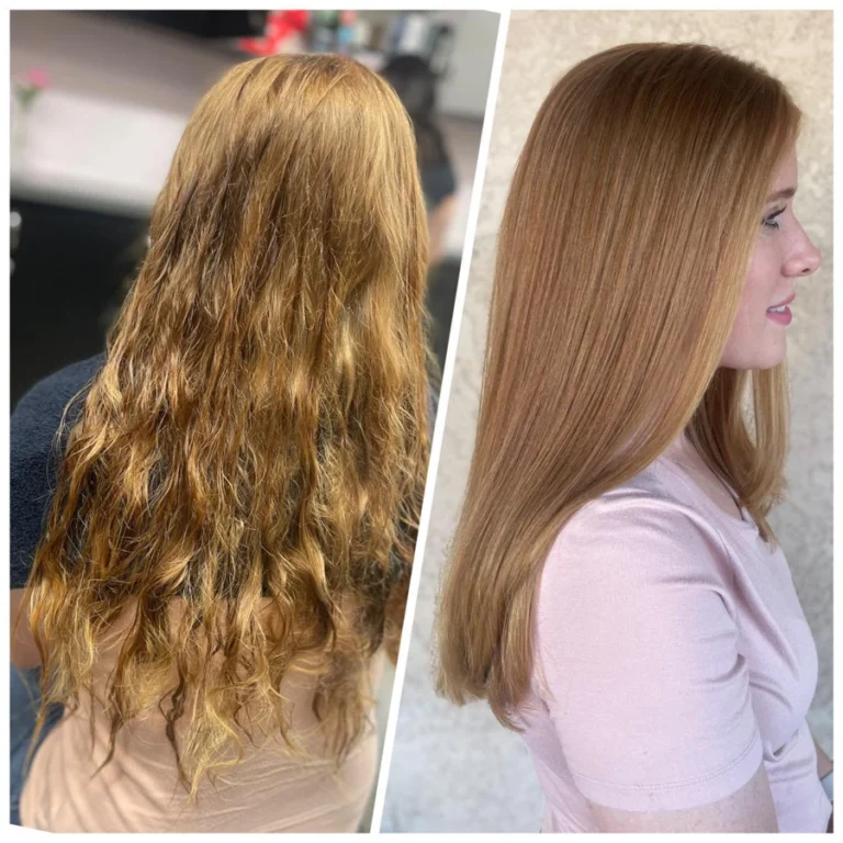 Before and after transformation of long frizzy hair into sleek smooth copper-toned perfection created at Dettycated salon.