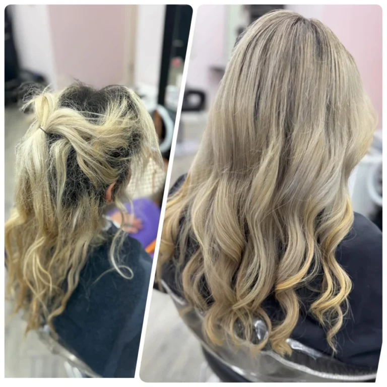Hair transformation from severely damaged and tangled blonde to soft flowing waves with multidimensional blonde tones created at Dettycated salon.