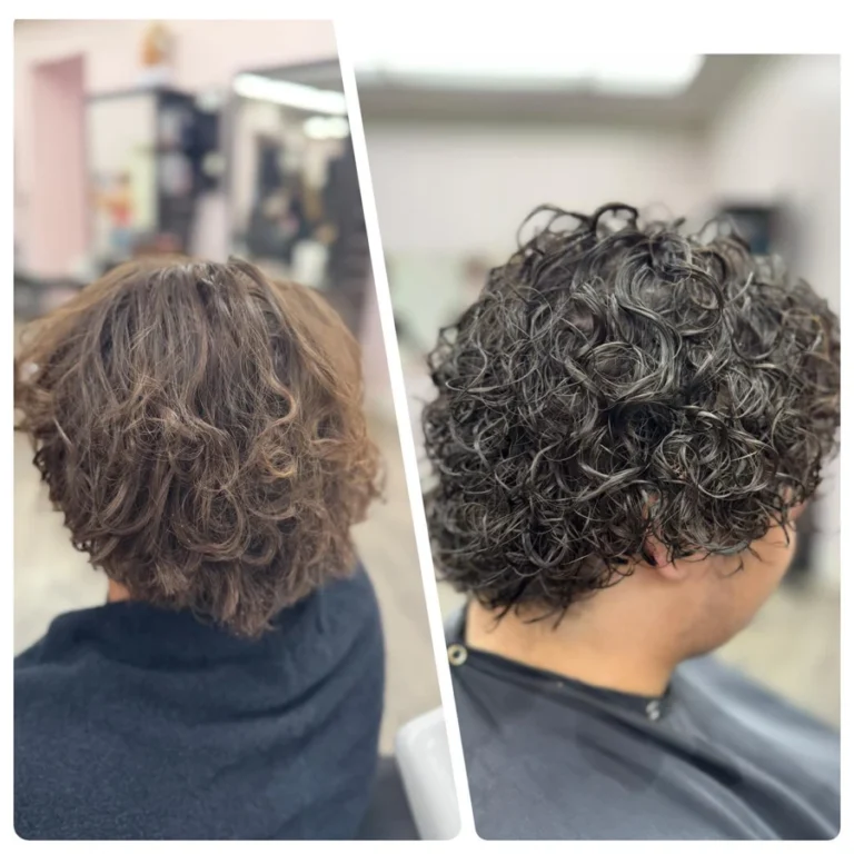 Hair transformation from dry undefined curls to shiny moisturized defined curls on short brown hair after Dettycated curly care treatment.
