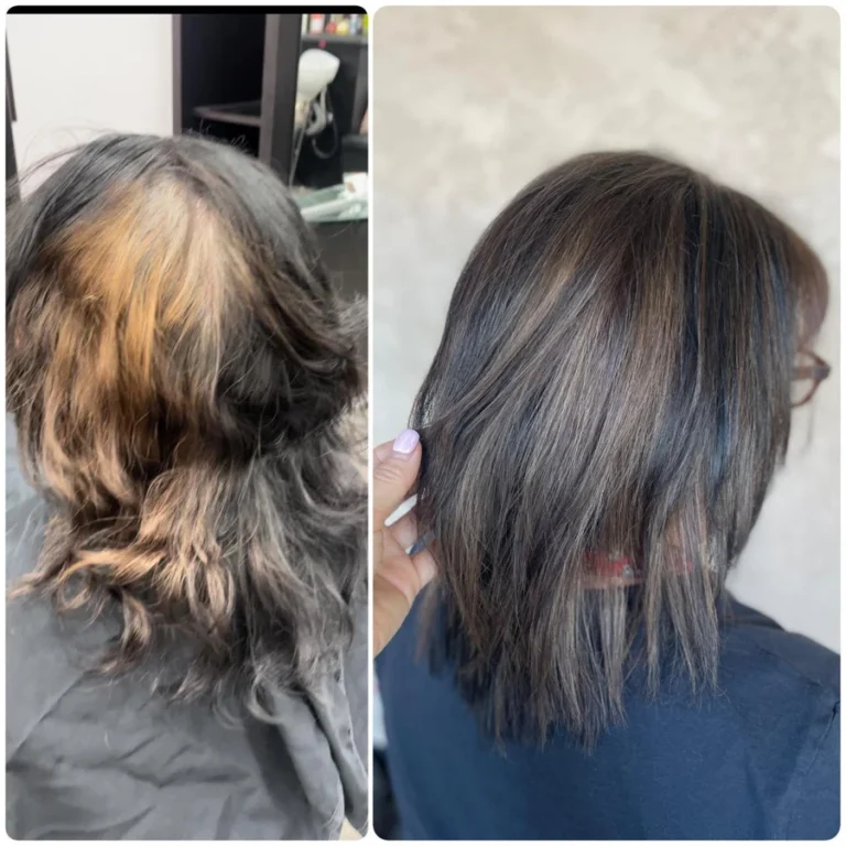 Before and after hair color correction with even tone and enhanced shine at Dettycated salon.