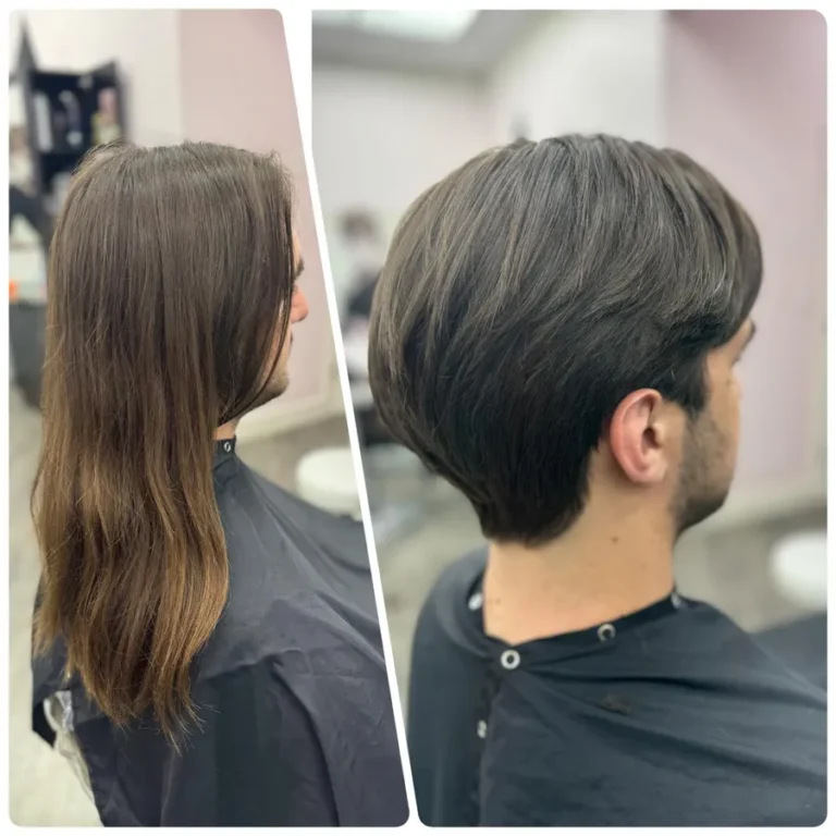 Before and after results of a Dettycated men's haircut transformation from long to stylish short hair.