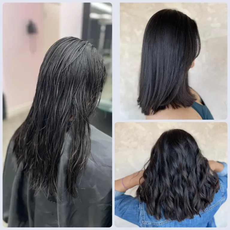 Three phase hair transformation on dark hair by Dettycated including haircut, straightening and soft waves styling.