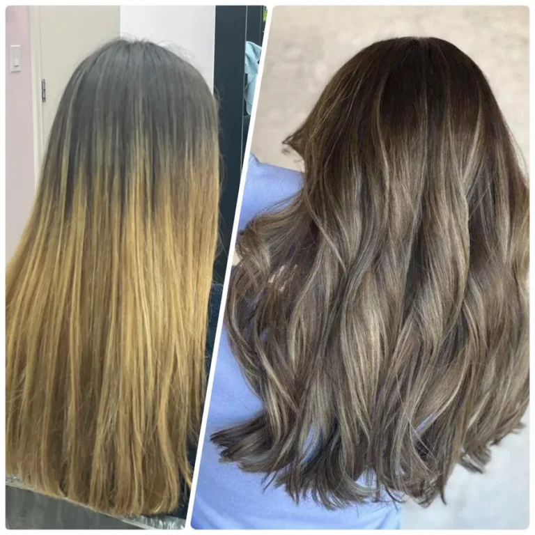 Before and after transformation showing a dimensional brunette hair color correction with soft waves and natural shine