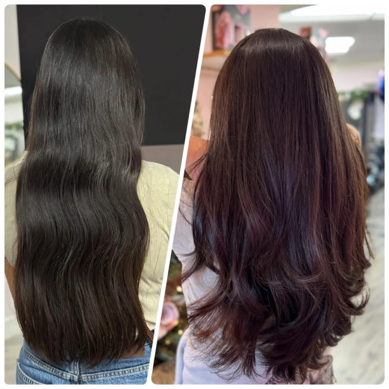 Before and after transformation showing long dark brown hair styled with enhanced shine and smooth layers at Dettycated salon