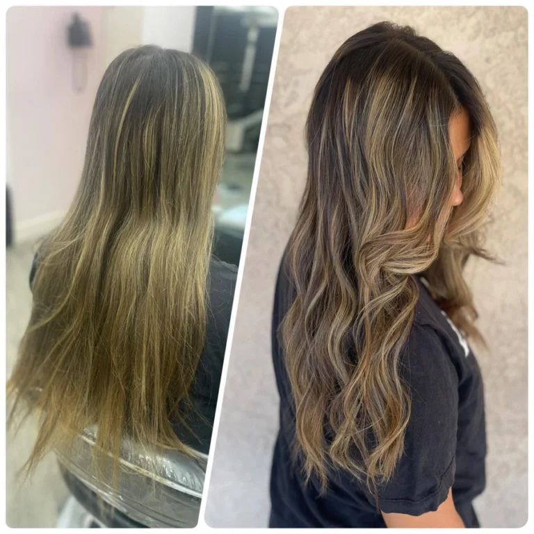 Before and after hair transformation featuring soft blonde balayage with natural waves styled by Dettycated.