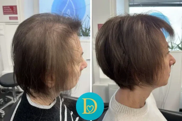 Before and after photo of a woman receiving Dettycated density treatment transformed from thinning hair to visibly fuller, healthier volume and shape.