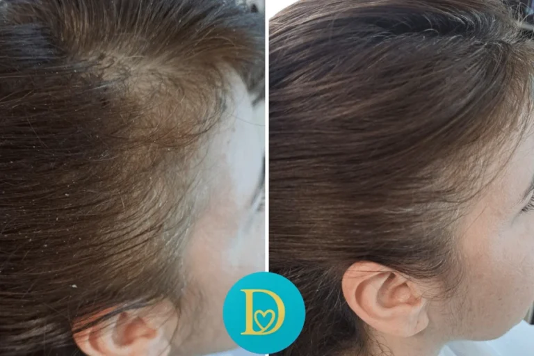 Before and after of a female client’s scalp treated for dandruff visible elimination of flakes and a smoother, healthier finish after Dettycated care.