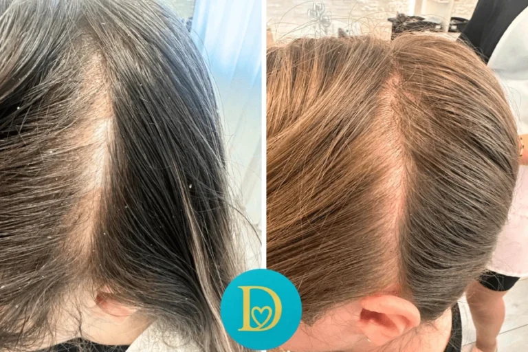 Before and after photo showing the results of scalp psoriasis and dandruff treatment with Dettycated method revealing a clearer and healthier scalp.