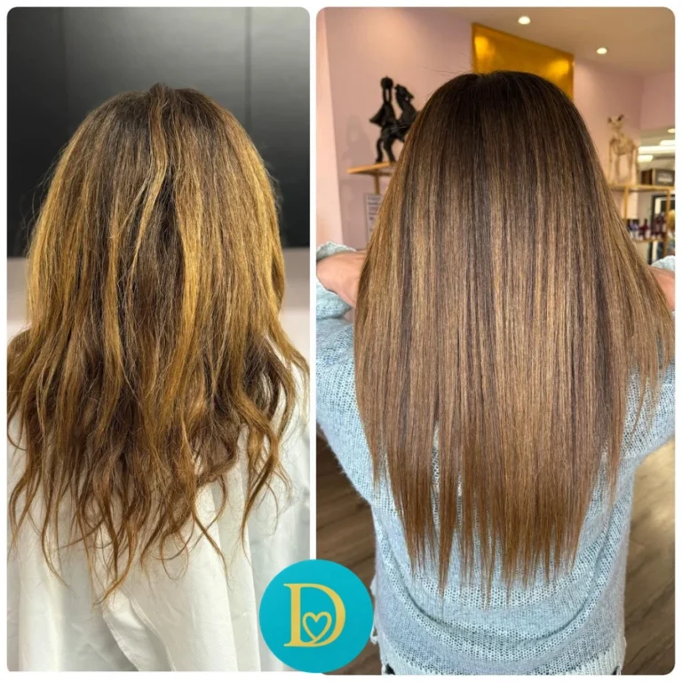 Before and after image showing a dramatic change from dry frizzy waves to sleek shiny straight hair after Dettycated hair lamination treatment.