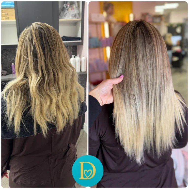Before and after image of a client with wavy dry blond hair transformed into sleek glossy strands using Dettycated hair lamination technique.