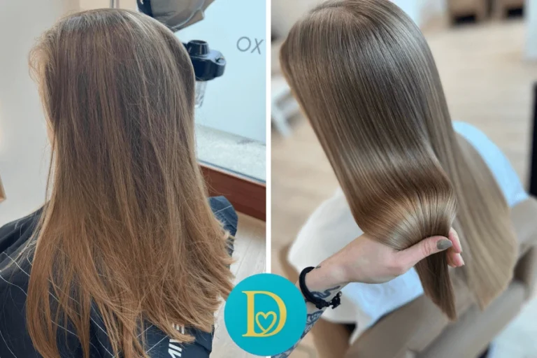 Before and after image of a client with dry unstyled hair transformed into ultra smooth shiny and perfectly polished strands with Dettycated oxygen hair therapy.