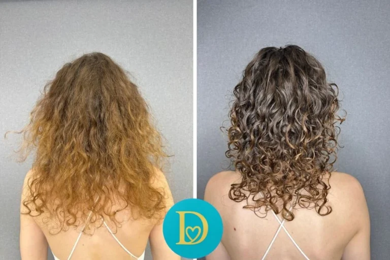 Before and after image of a client with dry frizzy curls transformed into shiny defined and moisturized ringlets using the Dettycated curly method.