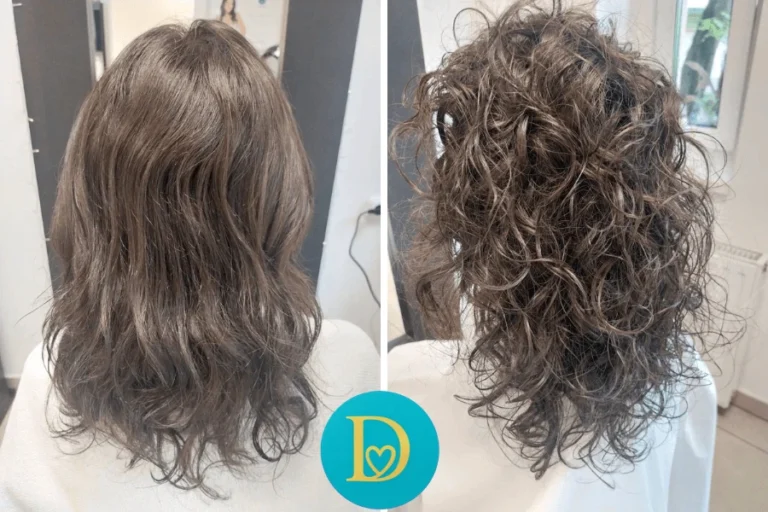 Before and after image of a client with limp waves transformed into full bouncy and well defined curls using the Dettycated curly method.
