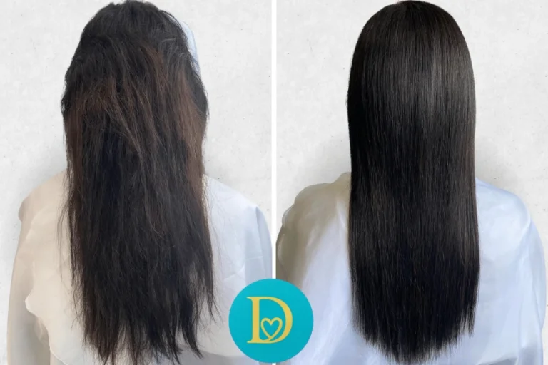 Before and after image of a client with dry frizzy and tangled hair transformed into sleek shiny and smooth strands using Dettycated hair lamination treatment.