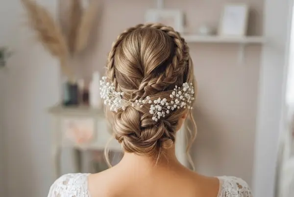 Elegant braided wedding updo hairstyle with white floral hair piece by Dettycated back view